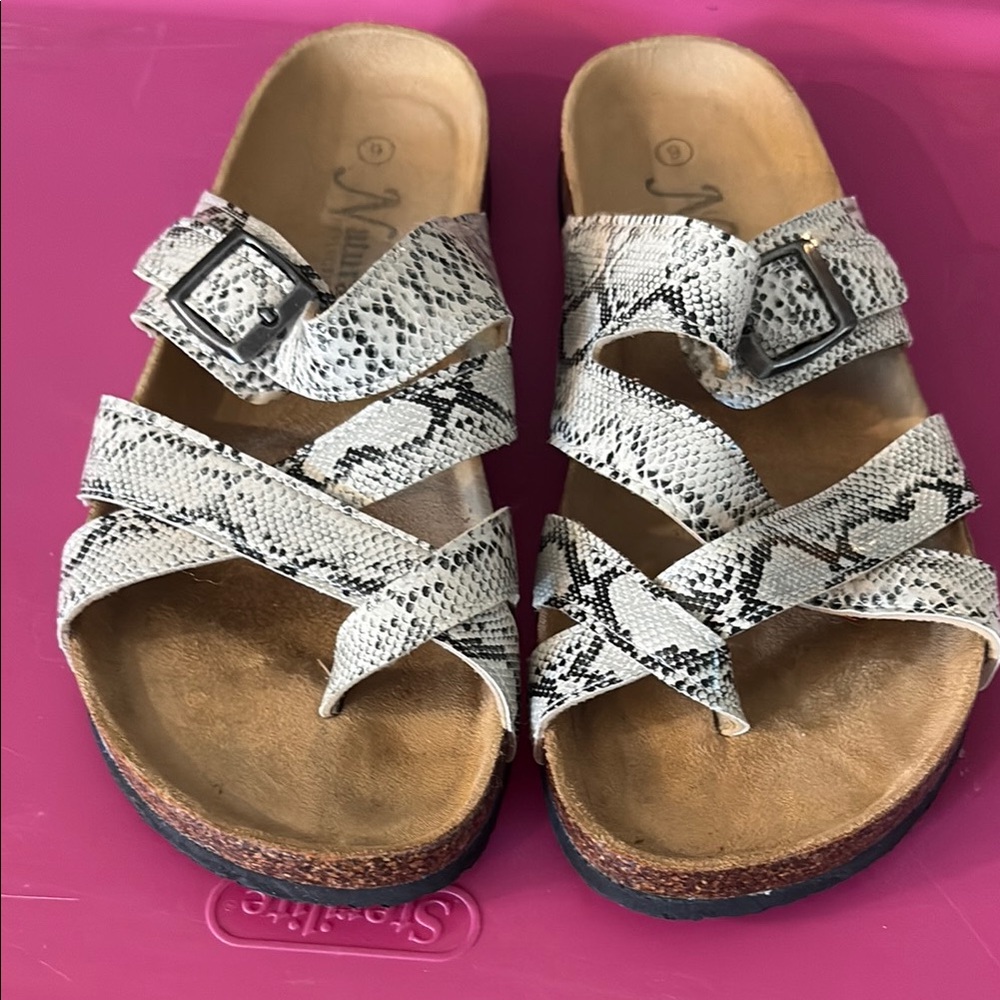 Naturalizer Black and White Snake Print Slide Sandals